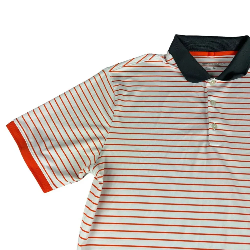 NIKE Golf Polo Shirt Mens Large White Orange Striped Short Sleeve Preppy Sporty